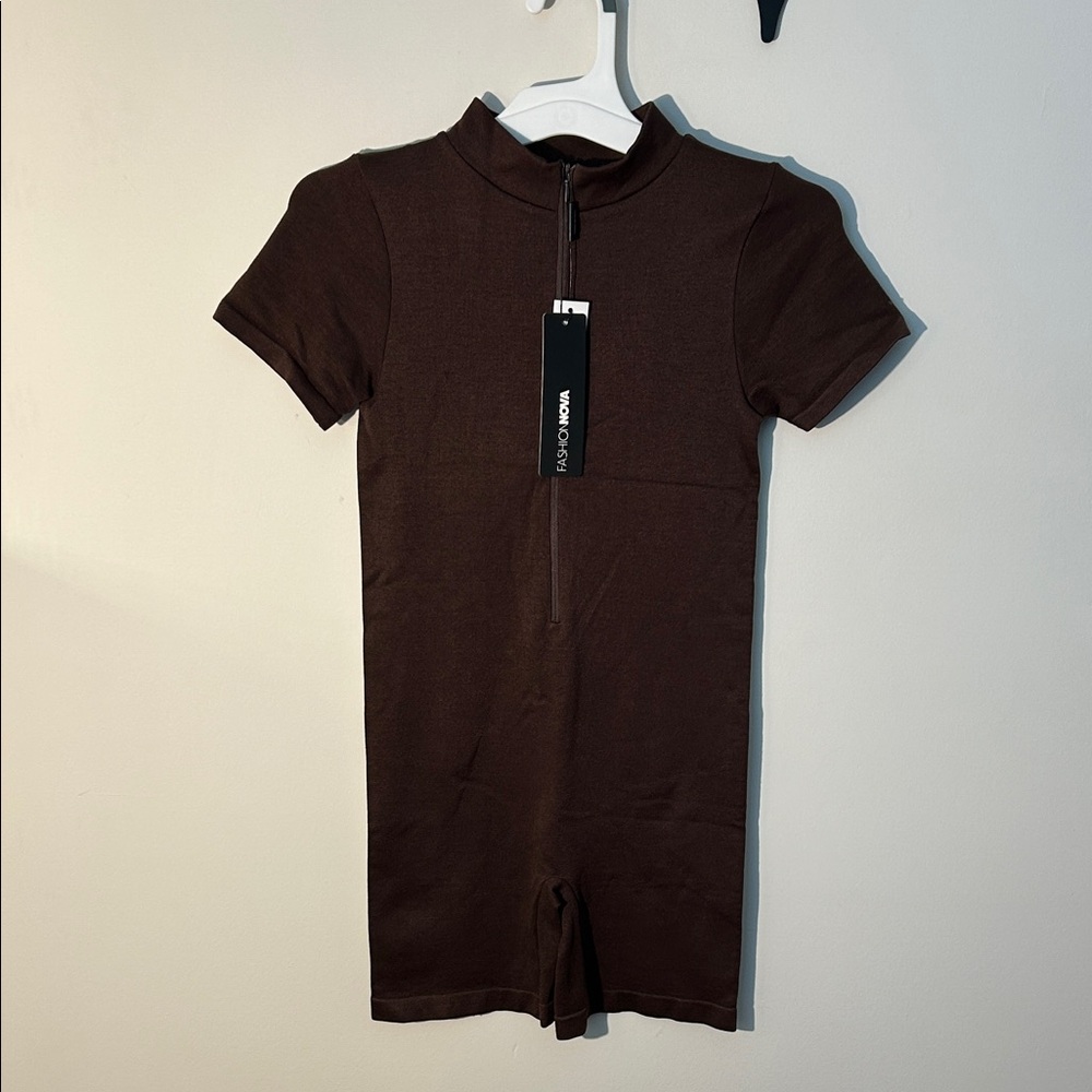 Fashion Nova Brown Short Sleeve Zip-Up Romper